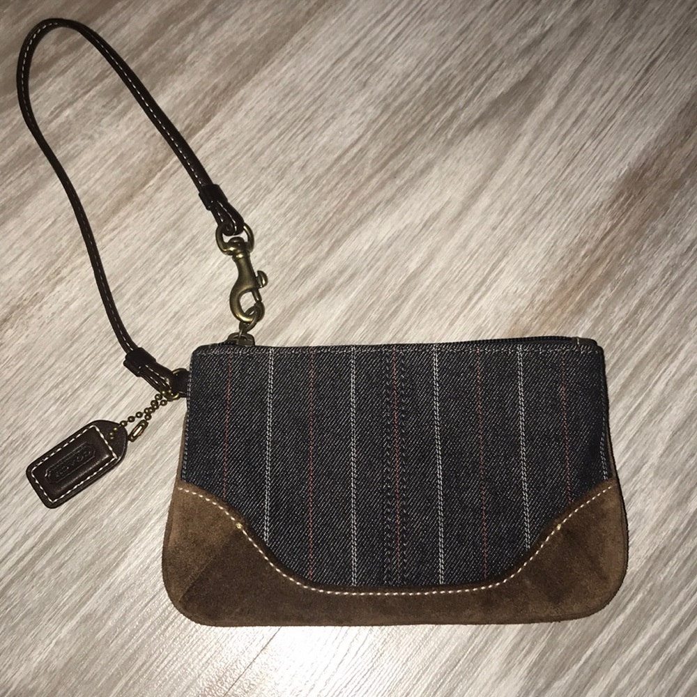 Coach Black Pinstripe Wristlet with Brown Suede Trim